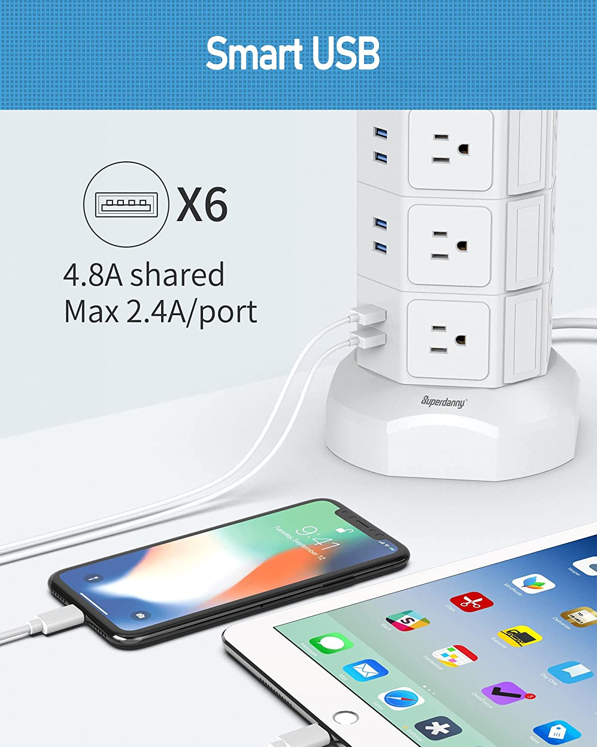 Power Strip Tower,  Surge Protector Tower with 15W Magnetic Wireless Charger, 1050J, 13A Charging Station with 12 AC Outlets & 6 USB Ports, 6.5Ft Extension Cord for Home Office, White